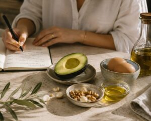 Hände schreiben in ein Notizbuch, daneben Avocado, Eier, Olivenöl und Nüsse