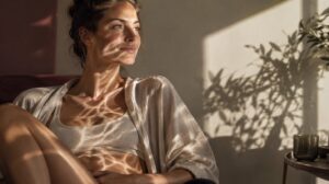 Frau in heller Bluse sitzt entspannt im Sonnenlicht, Blattschatten fallen auf ihre Haut