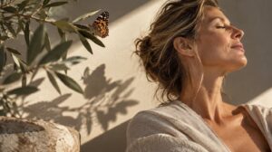 Frau mit geschlossenen Augen im Sonnenlicht, daneben ein Schmetterling auf einem Olivenzweig
